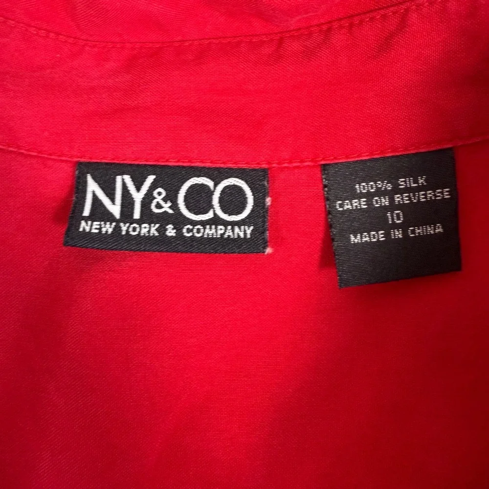 NY & Co 100% Silk Red Shirt Dress Size 10 Button Front Short Sleeve Knee‎ Length